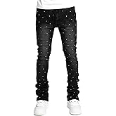 Men Rhinestone Skinny Ripped Jeans Y2k Stretch Slim Fit Stacked Jeans Grunge Denim Pants