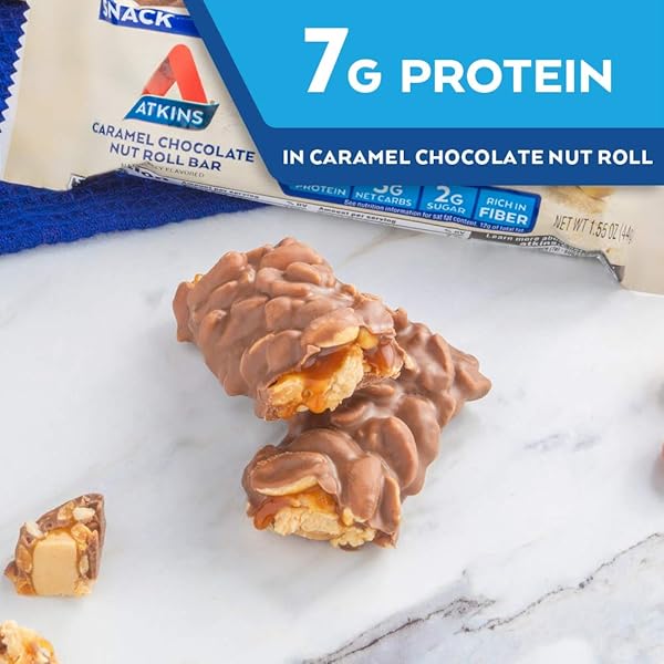 ATKINS CARAMEL CHOCOLATE NUT ROLL SNACK BAR, PROTEIN SNACK, HIGH IN FIBER, 2G SUGAR, 8 COUNT