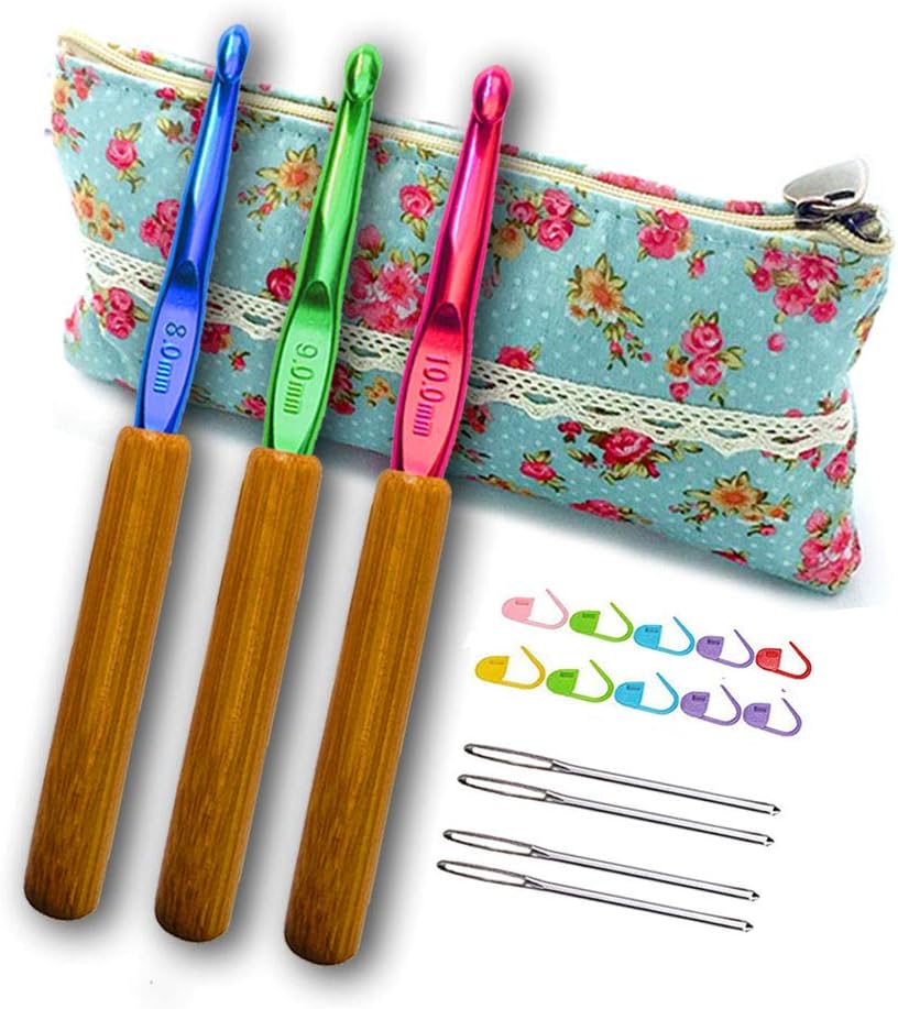 Crochet Hooks Set 8mm 9mm 10mm in Case Ergonomic Handles Large Crochet Hooks Size L M N Needles for Arthritis Chunky Yarn Pattern