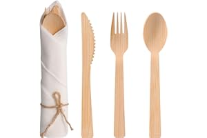AOWUTUS Pre Rolled Napkin and Bamboo Cutlery Set - 50Pack Bamboo Utensils/Compostable Cutlery(50 Forks, 50 Knives, 50 Spoons, 50 Napkins), Biodegradable Wrapped Cutlery for Party, Wedding, Events