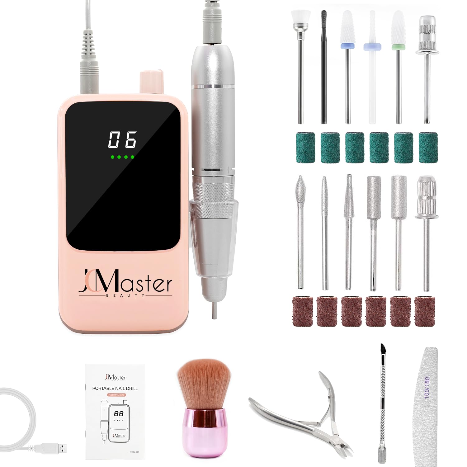 JCMaster Electric Nail Drill, 35000RPM Professional Electric Nail File with 12 Nail Drill Bits & Sanding Bands, Rechargeable Nail Drill Kit for Acrylic Gel Nails