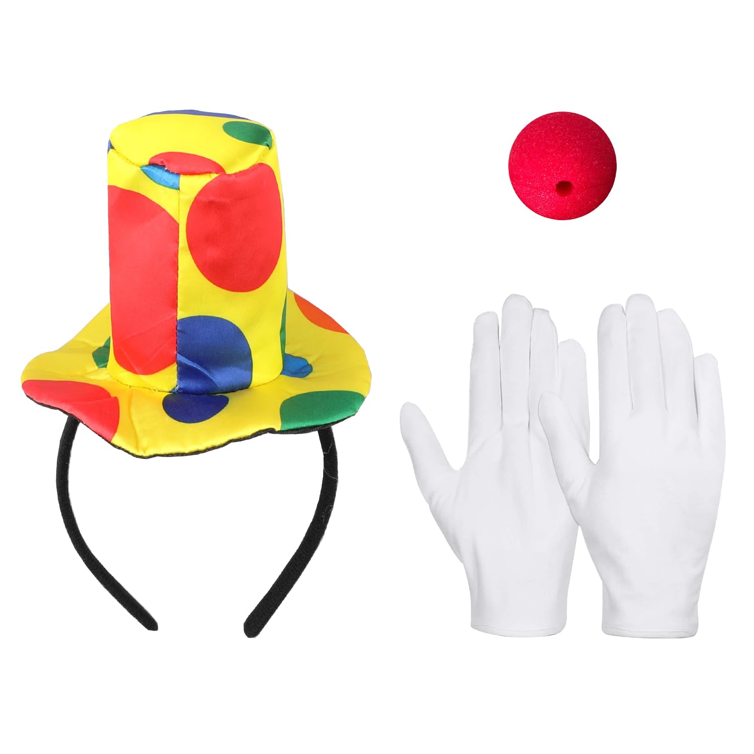 RmKbe 3 Pieces Clown Costume Set Clown Hat Headband White Gloves Clown Nose Clown Dress Up Accessories for Halloween Christmas Carnival Circus Cosplay Party