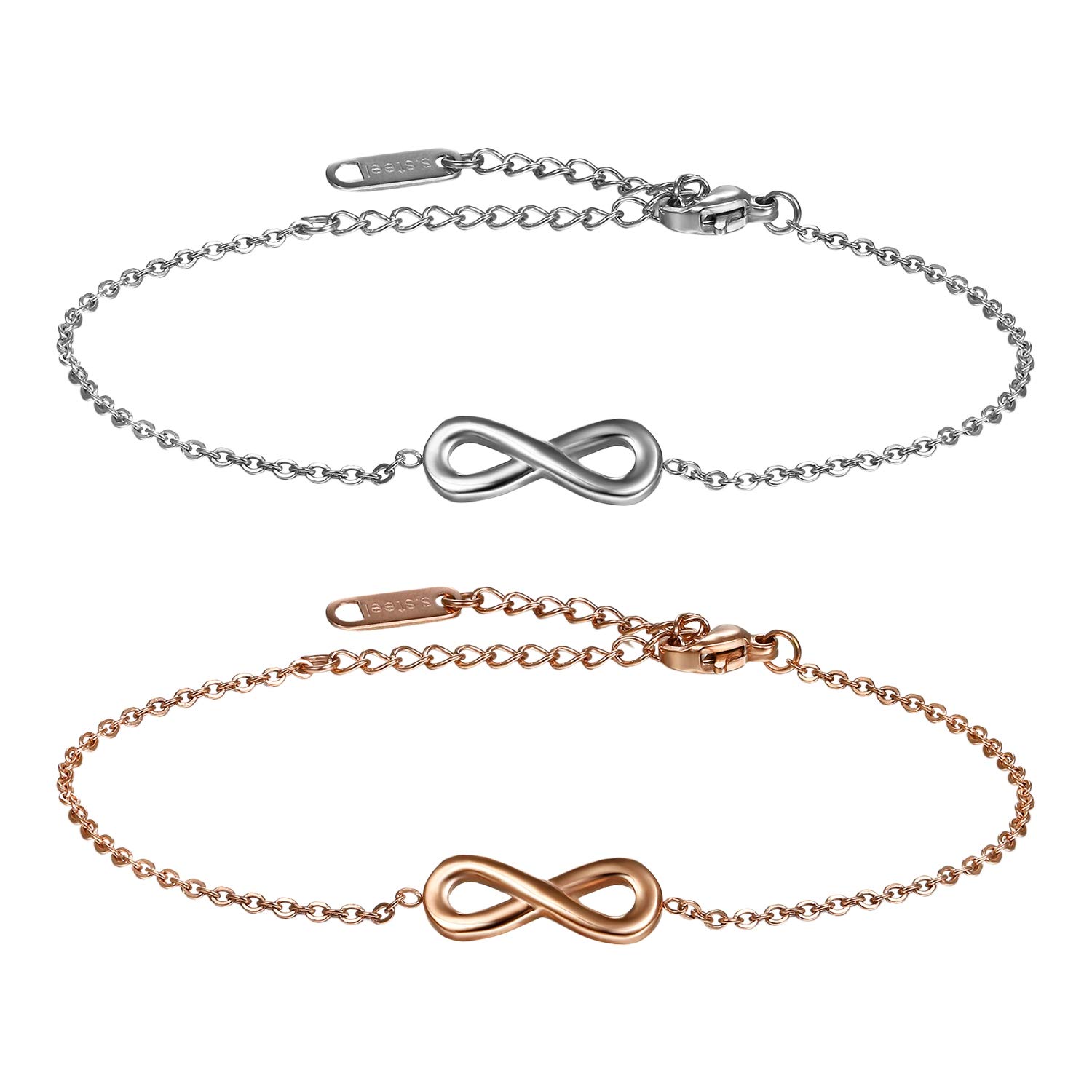 Cupimatch 2 Pcs Adjustable Infinity Love Bracelet, Endless Love Symbol Link Bracelet Anklet for Women Girls,Silver Gold
