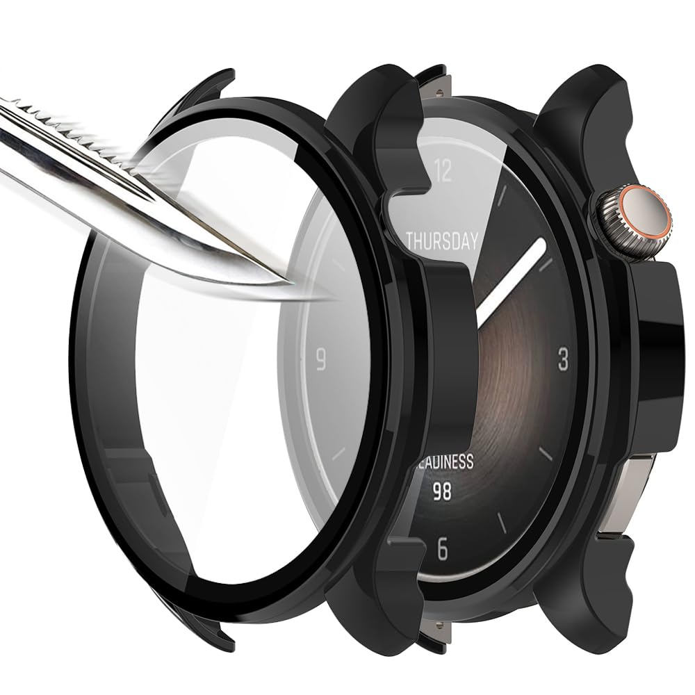 Msiall [2 Pieces Black Tempered Glass Screen Protector Film, 9H Hardness PC Case, Bumper, Slim Full Protective Case for Amazfit Balance Smart