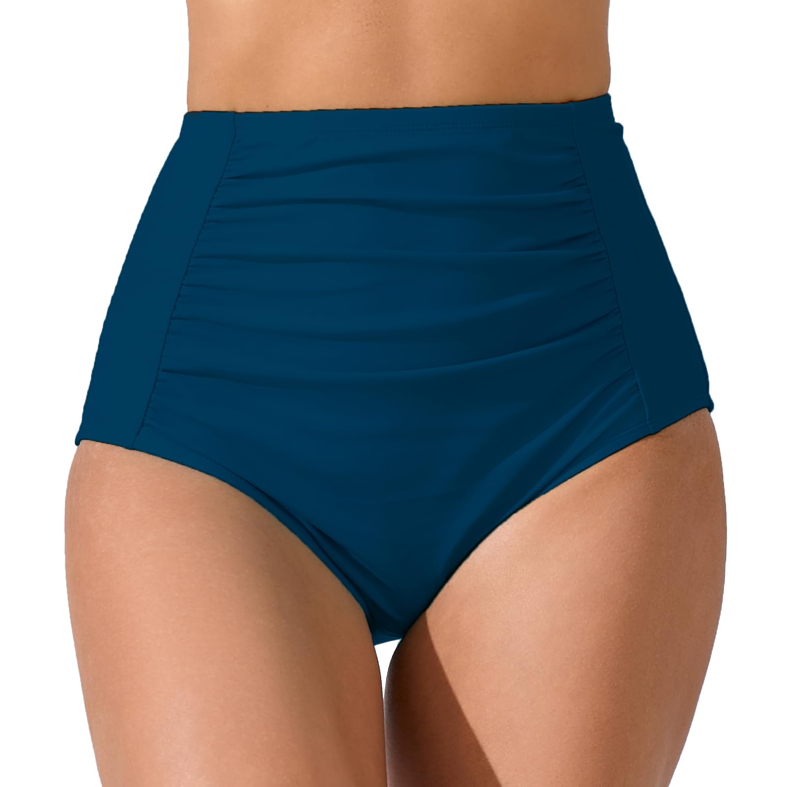 Photo 1 of (LARGE) JOYBIK Women's High Waisted Bikini Bottoms Ruched Swim Bottoms Full Coverage Tankini Swimsuits Bottoms Peacock Blue L