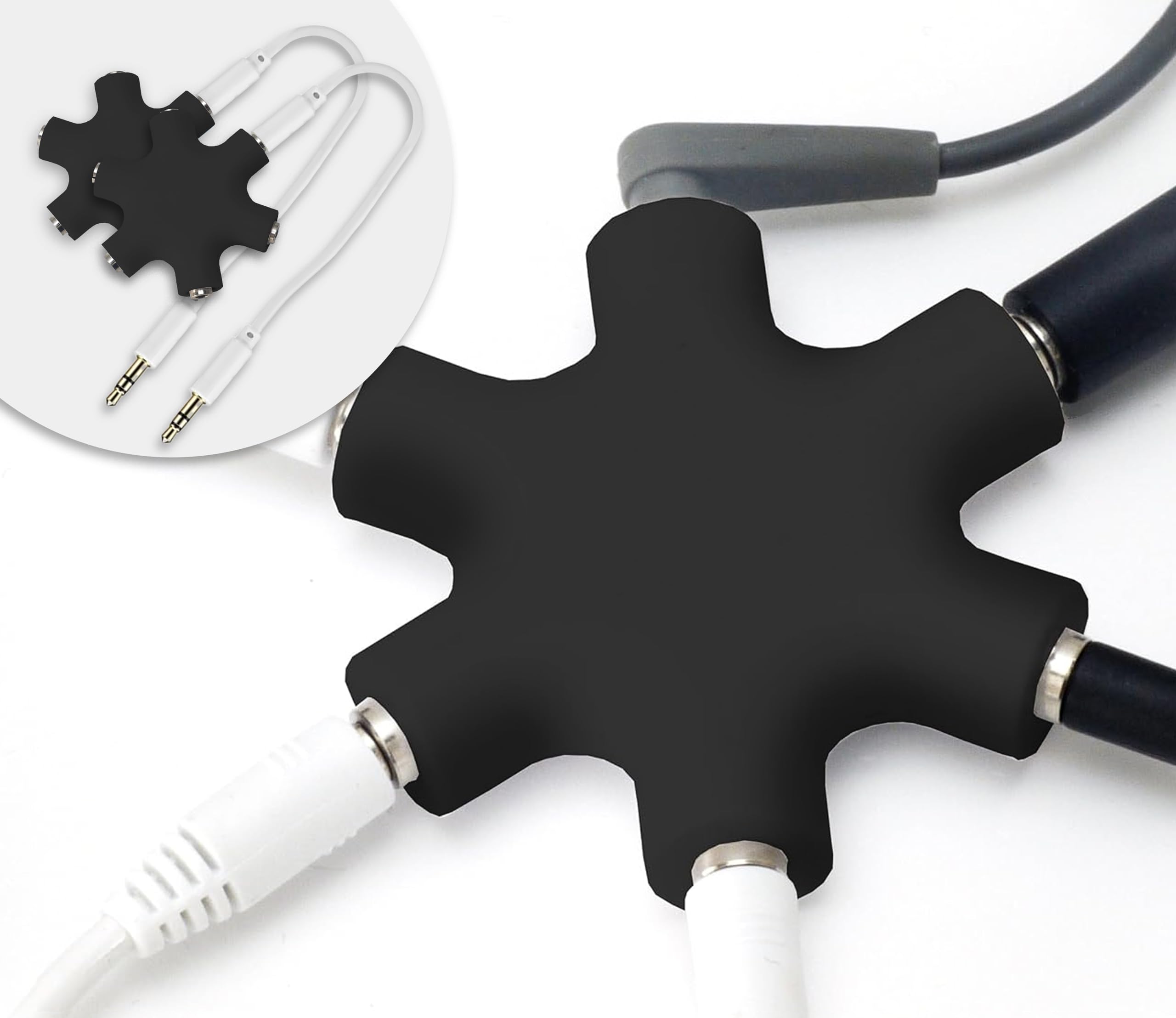 MyGadget 2x Female Aux Splitter 5-Way Adapter - 6 Port Audio Jack 3.5mm Headphone Hub Divider to Share Music for iPhone, iPod, Mp3 Player etc. in Black