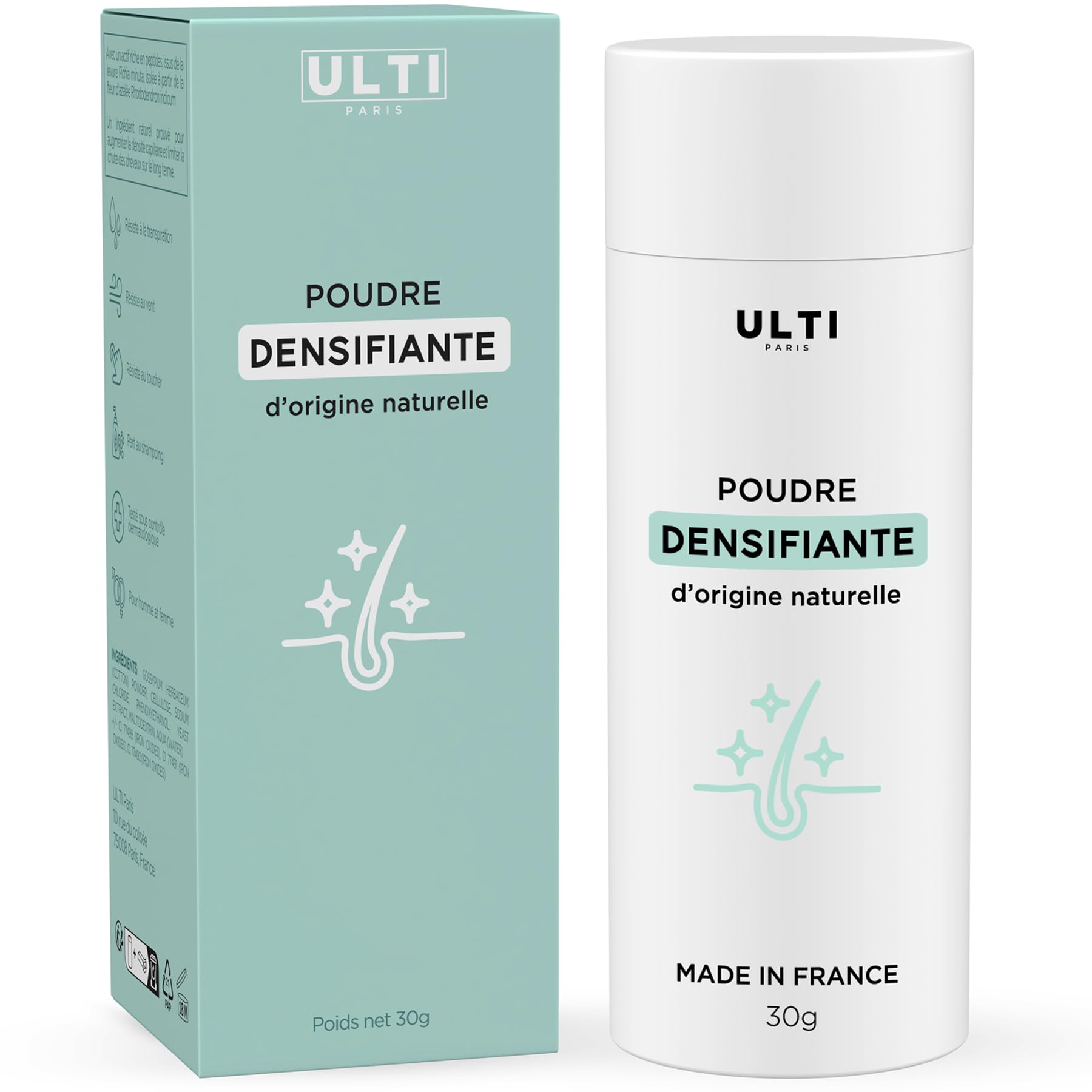 Ulti Paris hair fibres for thinning Hair - 27g - Natural & Made in France - Hair Powder - Conceals Hair Loss in 20 Sec - Hair Thickening for Fine Hair - Women & Men (27g, Black)