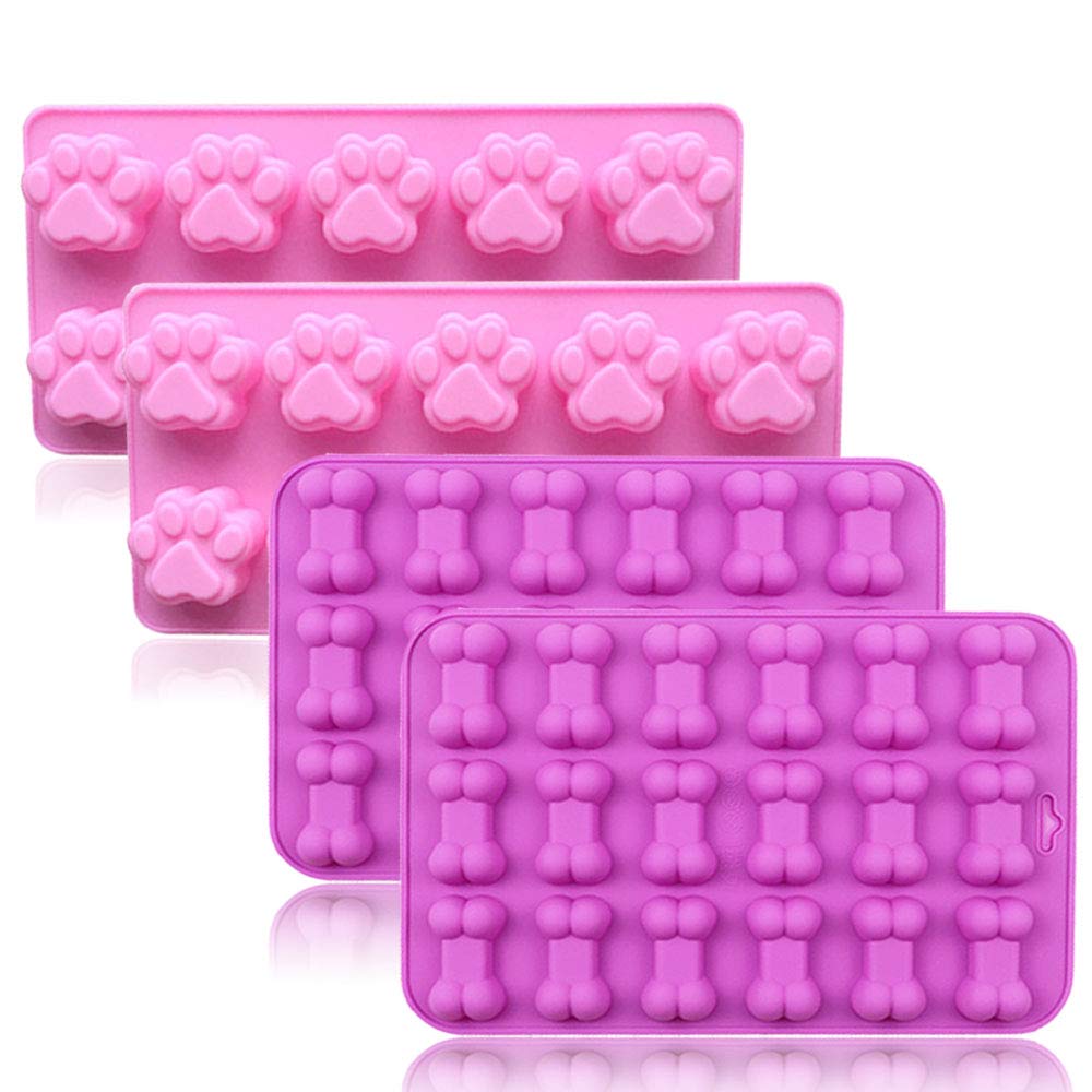 Silicone Puppy Dog Treat Molds Paw Bone Print Ice Cube Trays for Chocolate Candy Baking and Freezing, Pack of 4