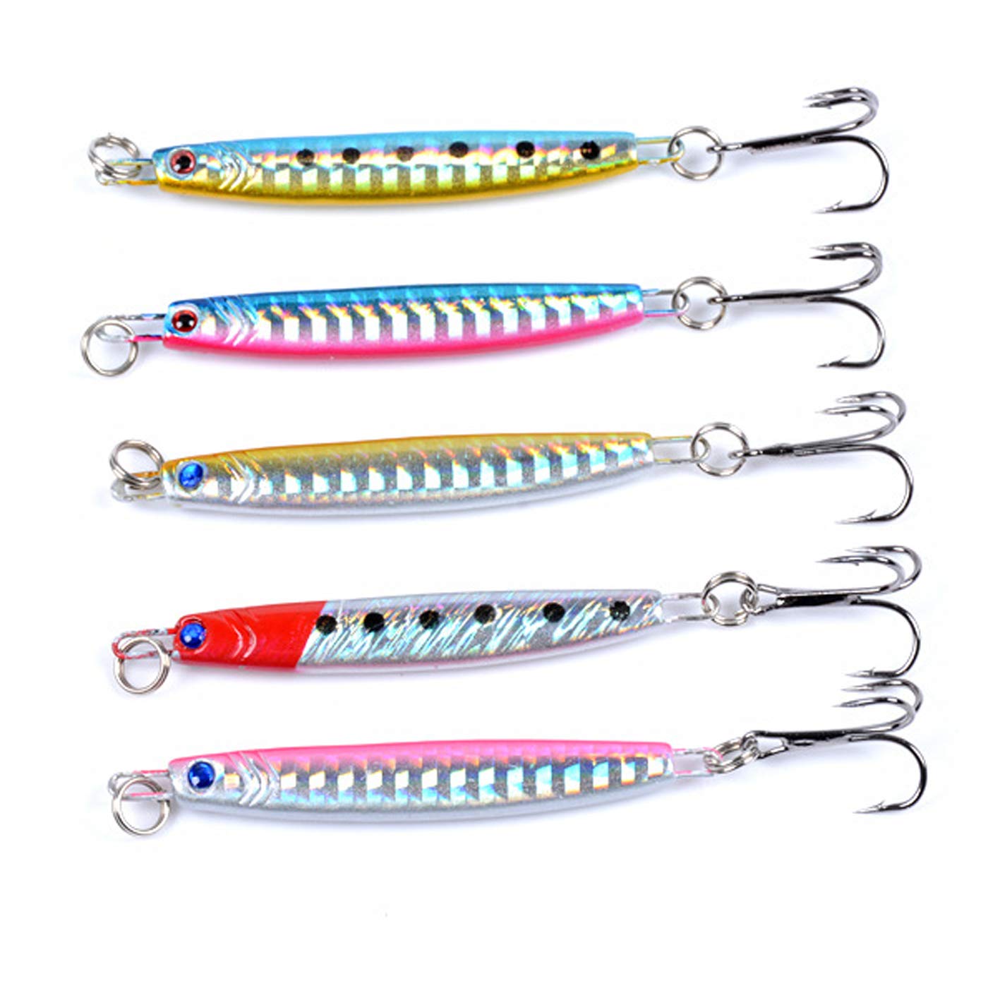 HiChuAng 5 Pcs Fishing Lures Set - Hard Metal Fishing Spoons with Treble Hooks for Cod, Bass, Trout