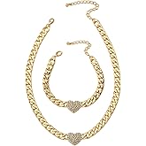 Quivox Crystal Heart Necklace Bracelets Set,Rhinestone Chunky Gold Heart Necklace Bracelet,Small Cubic Zirconia Love Choker Wedding Jewelry