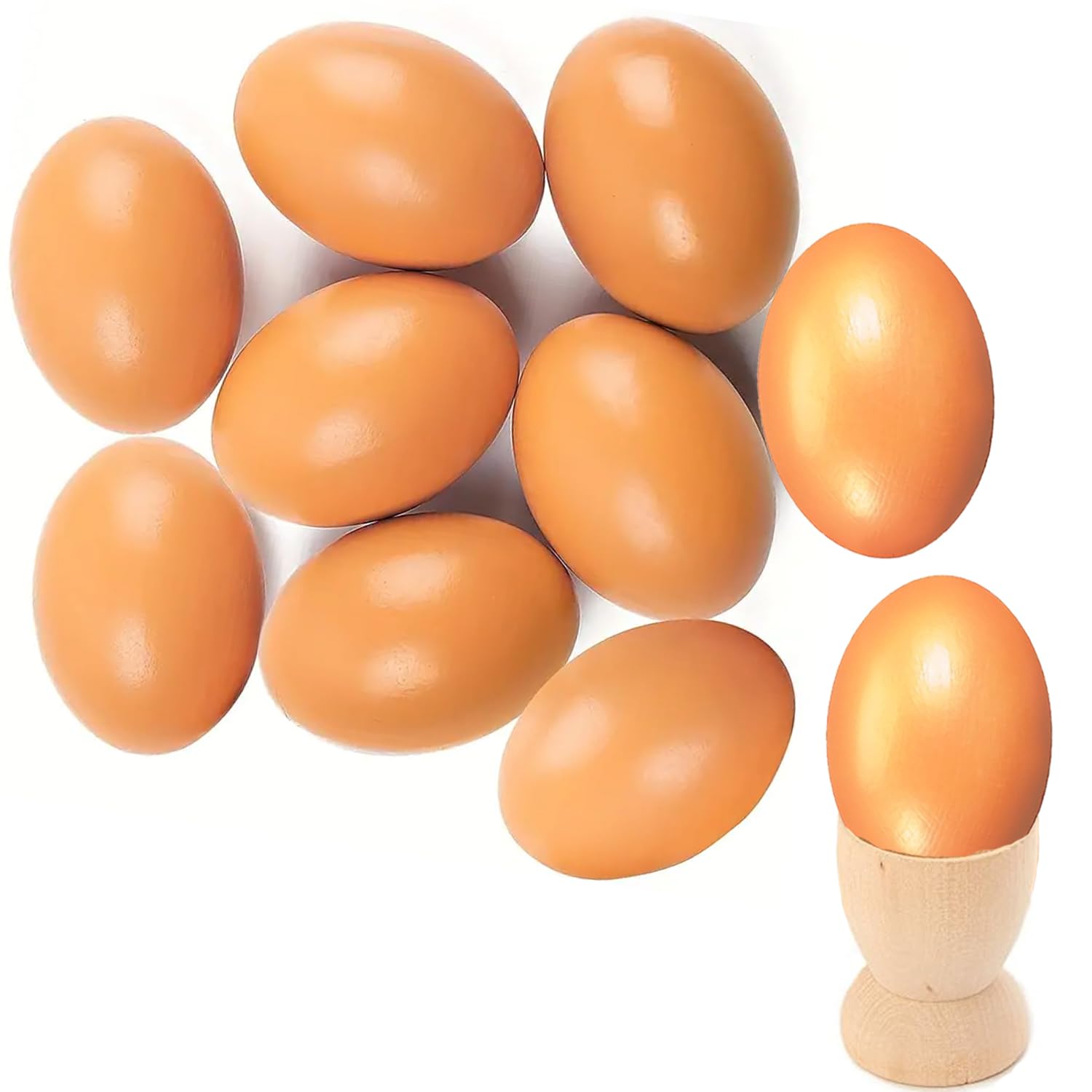 Ompinda Wooden Simulated Eggs, 10 Pcs DIY Art Easter Wooden Eggs Cooking Simulation Educational Toys with 1 pcs Wooden Egg Holders for Home/Garden Decors (Brown)