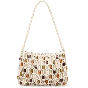 Herald Small Beaded Crochet Beach Bag Hobo Shoulder Purse for Women | With Lining, Bohemian Look, Cotton Knitted, Cute Mini S