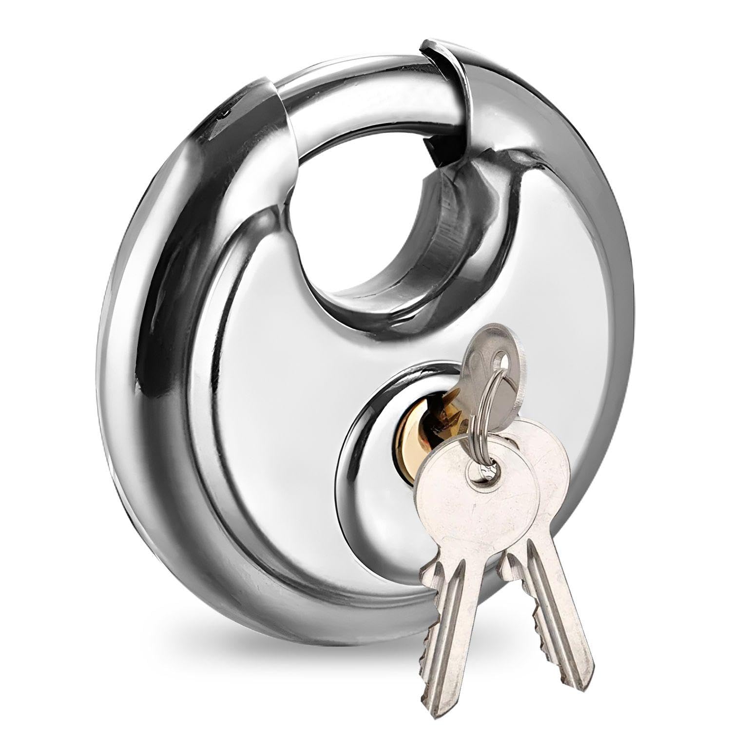 1Pc Round Stainless Steel Padlock, Heavy Duty Padlock, Outdoor Padlock Weatherproof, Security Padlock, Waterproof and Rustproof Padlock, Round Padlock with Key