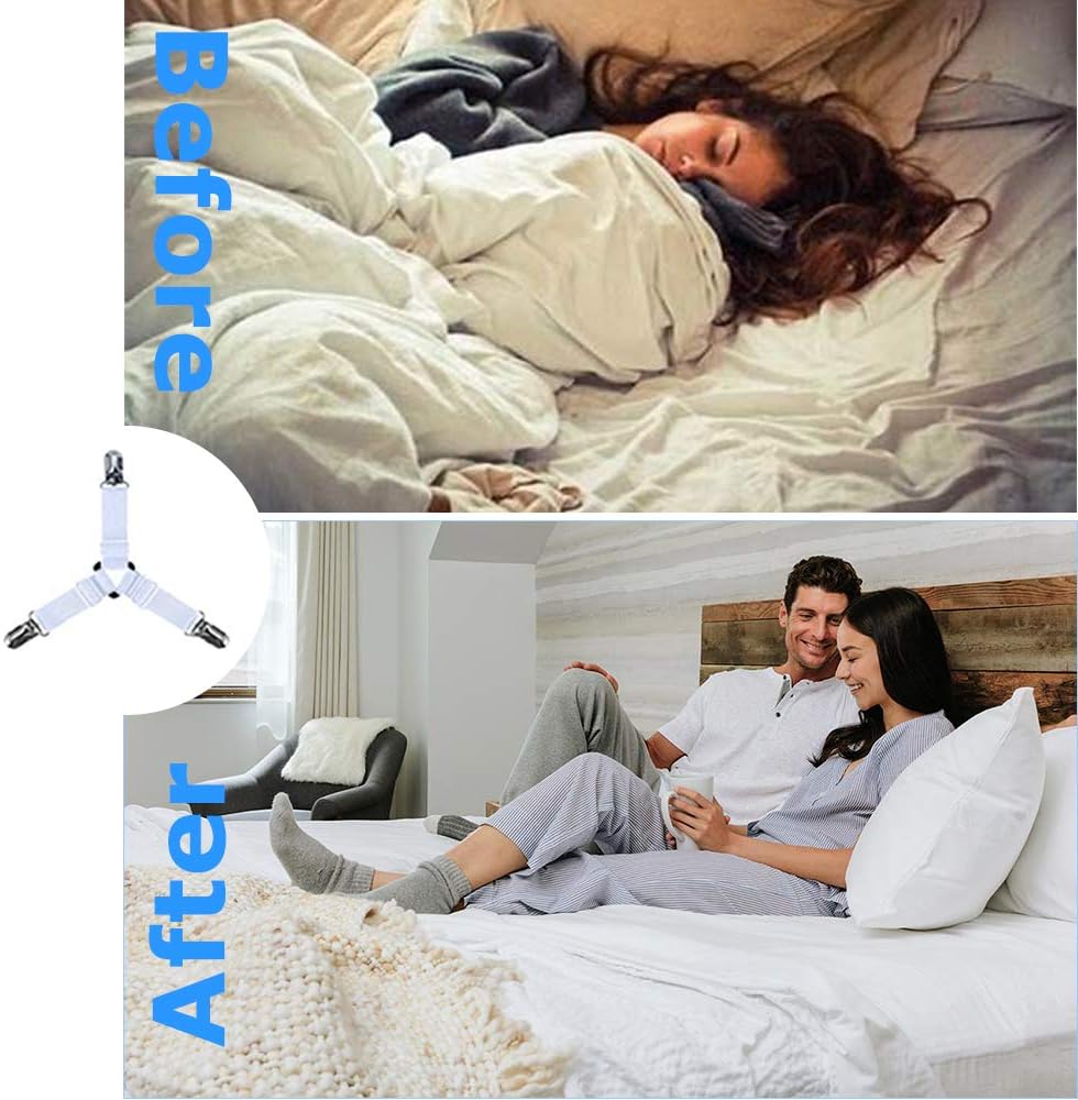 Bed Sheet Fasteners Bed Sheet Holder Straps Triangle Bed Sheet Keepers Adjustable Elastic Bed Sheet Holders Mattress Cover Holder Fasteners and Suspenders with Heavy Duty Grippers Clips, 4Pcs (White): Home & Kitchen
