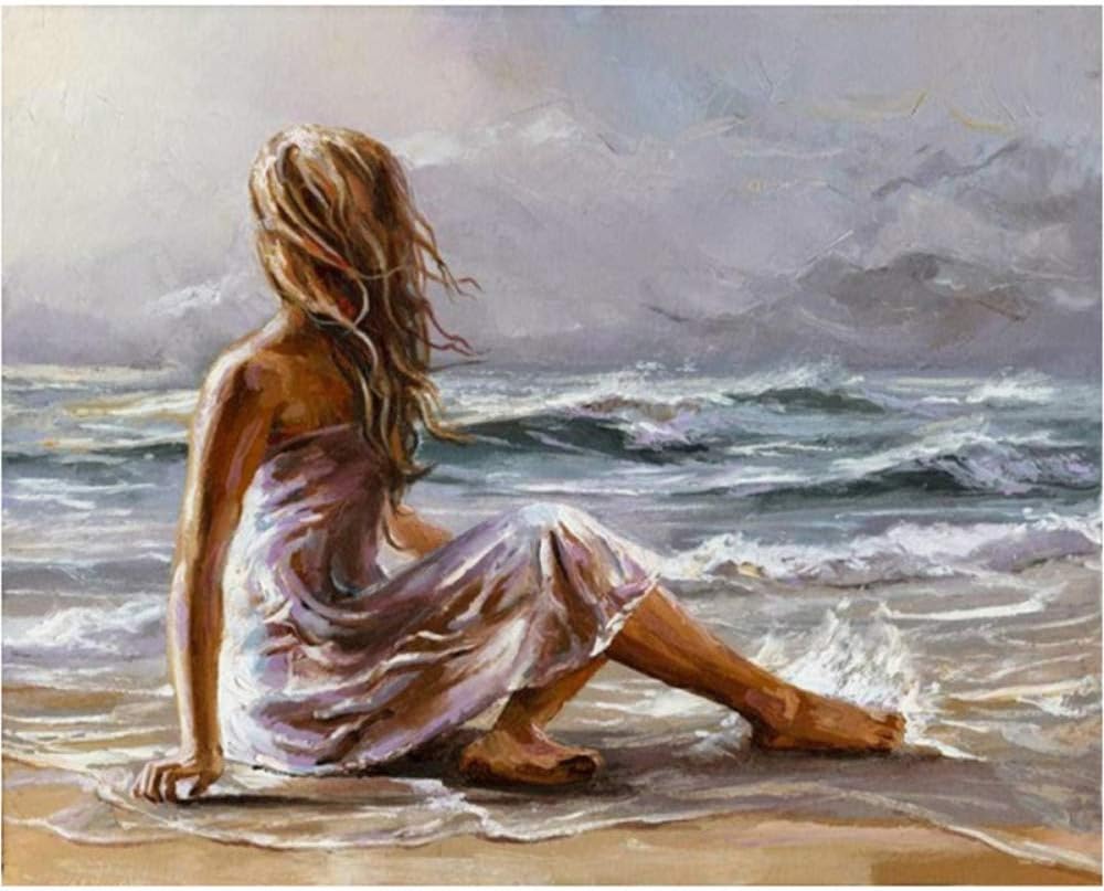 wwdfdd DIY Paint by Numbers for Adults Beginner, Seaside girl 16x20 inch Linen Canvas Number Painting Gifts Frameless