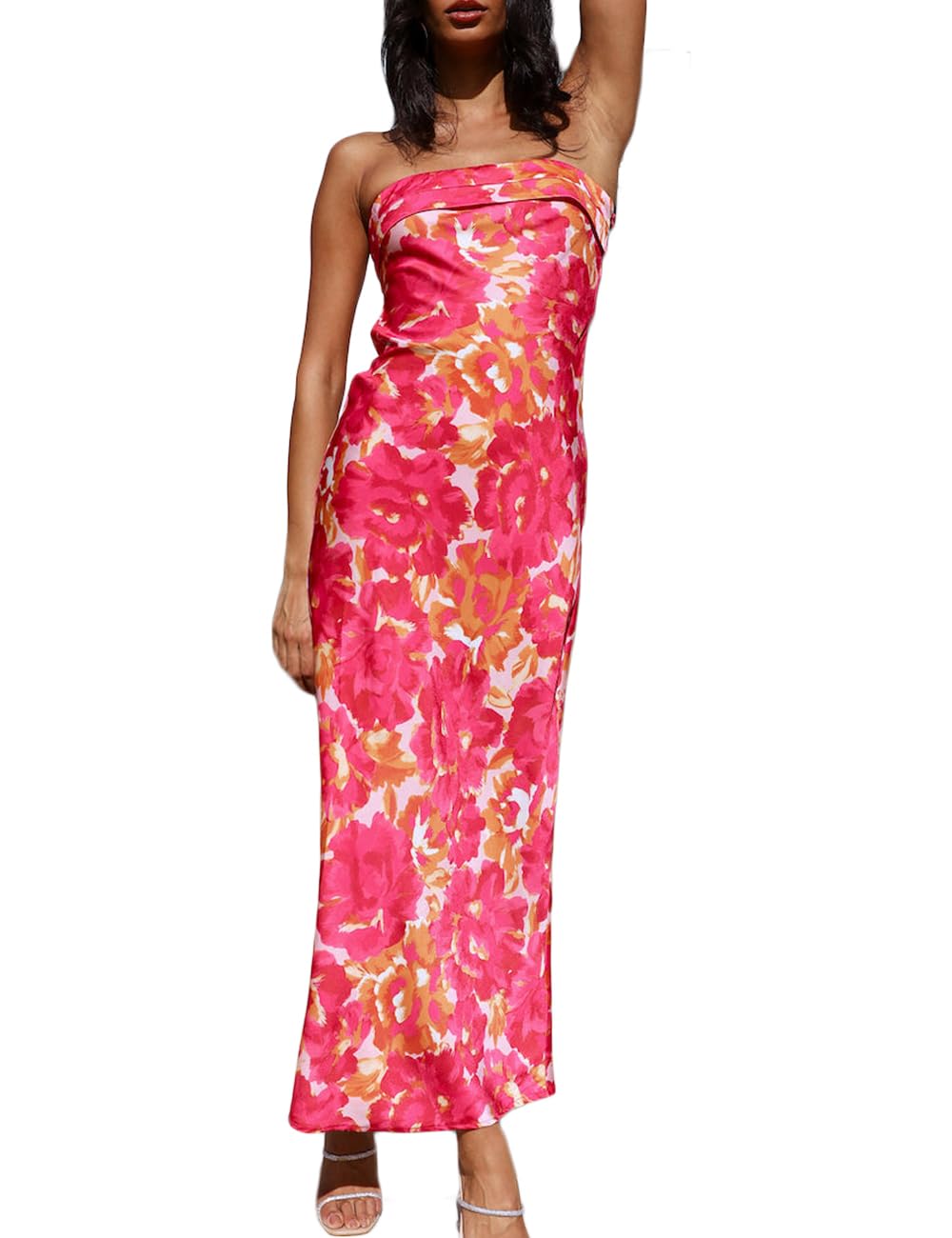 Realtix Summer Satin Print Backless Tube Tops Maxi