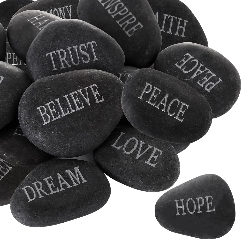 Photo 1 of 12PCS DIY Rocks for Engraved Inspirational Polished Garden Stones, Natural Encouragement Personalized Healing Decor River Stone - Unique Gift for Friends Arts Crafts (12 Different Words) (Black)