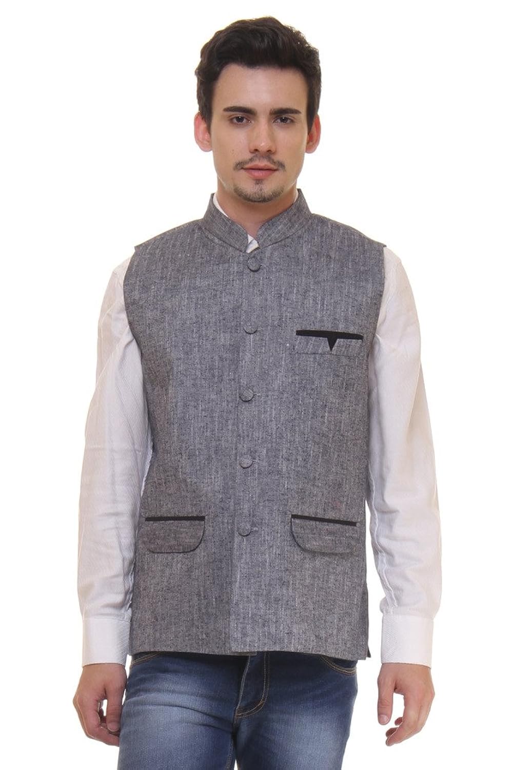 routeen grey casual formal wear waistcoat linen jacket for men