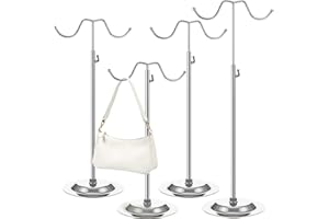 LOSYHU 4 PCS Handbag Display Stands Adjustable Purse Display Stand Stainless Steel Double Hook Bag Display Stand Holder for Home Boutiques Store Counter Retail, Silver
