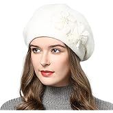 Rabbit Fur Beret Hat French Beret Cap Winter Warm Flowers Pearls Beanie Artist Painter Hat for Women Lady
