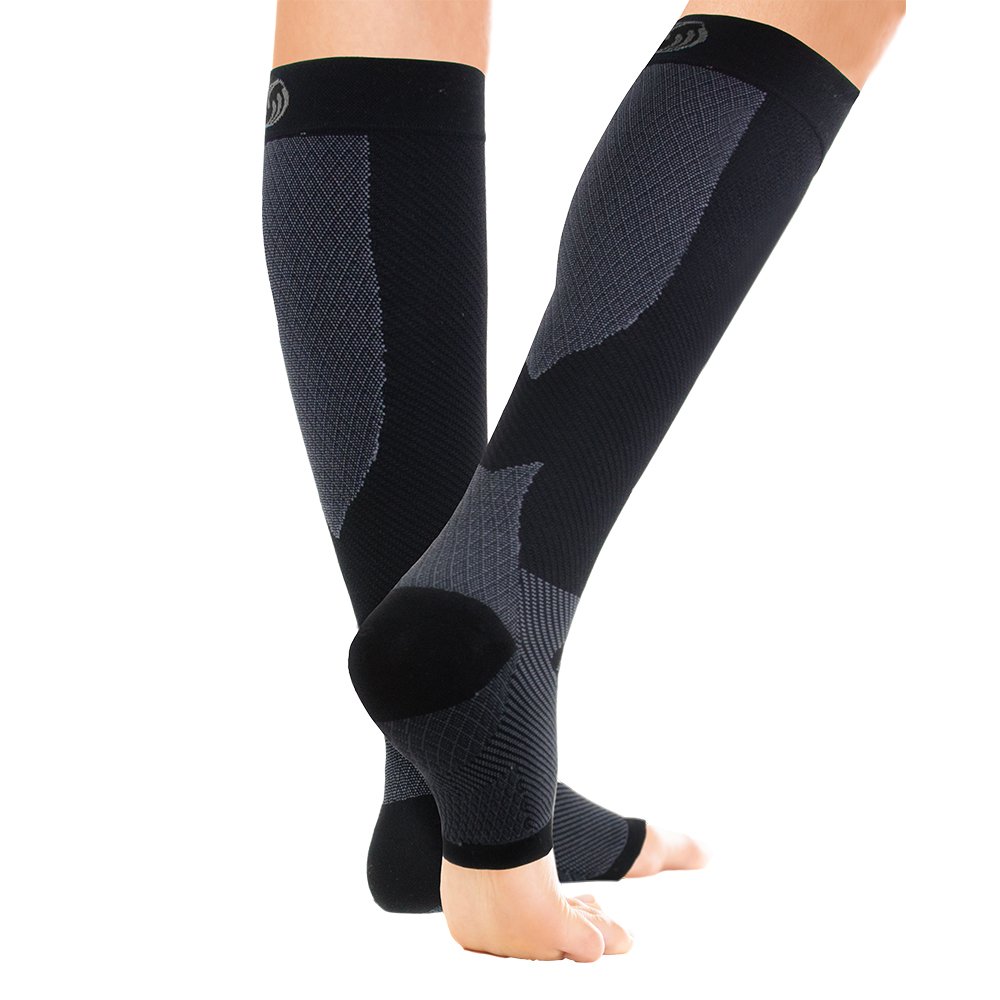 Orthosleeve FS6+ Foot and Calf Bracing Sleeve, Circulation Booster, Plantar Fasciitis, Heel Pain and Shin Splint Relief, 1 Pair - Medium Black