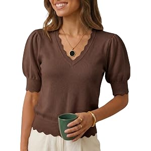 MONORA Short Sleeve Sweater for Women Pullover Knit Tops Scalloped V-Neck Puff Sleeve 2026