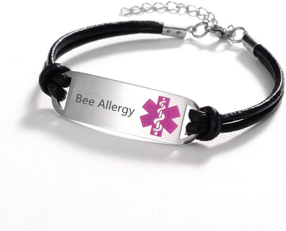 Sunling Custom Adjustable Medical Alert Food Allergy Awareness Identification Leather Bracelet Bangle for Women Men Kids,Free Engraving,SOS Emergency Life Saver for Son,Daughter
