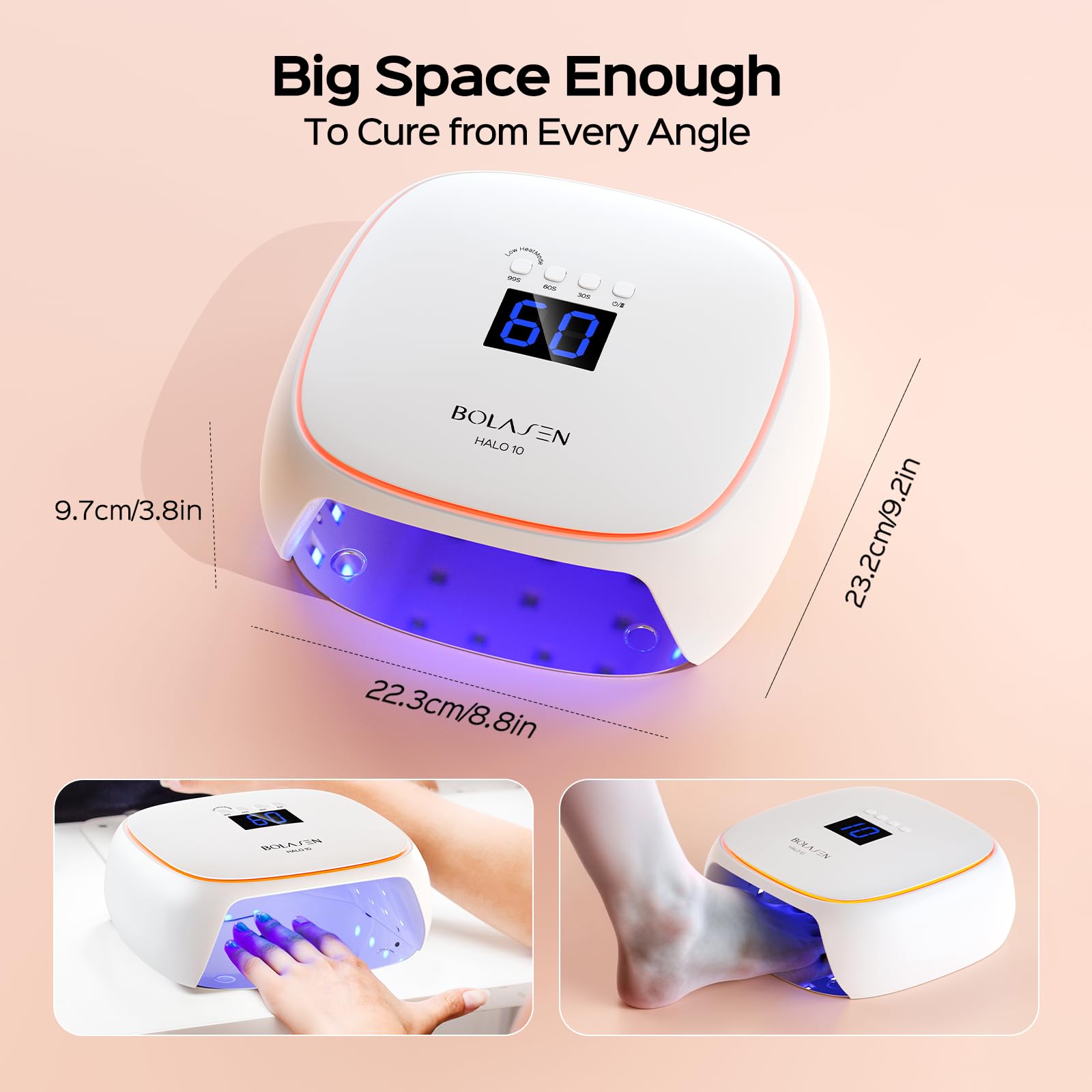 BOLASEN UV LED Nail Lamp, 60W UV Light for Gel Nails with Ceramic Technology, Professional Nail Dryer for Gel Nail Polish, Quick Dry Curing Lamp with Metal Base & Atmosphere Light, Halo 10 - Image 5