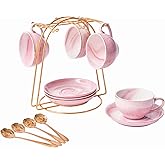 ZPGXLRZ Ceramic Espresso Cups Set with Saucers and Metal Stand, 4 oz Porcelain Stackable Cappuccino Cups Teacup For Tea, Espresso, Latte, Coffee, Cafe Mocha (Pink