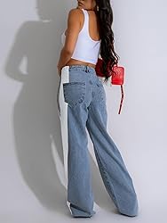 Angsuttc Womens Jeans with Patchwork Stripes High