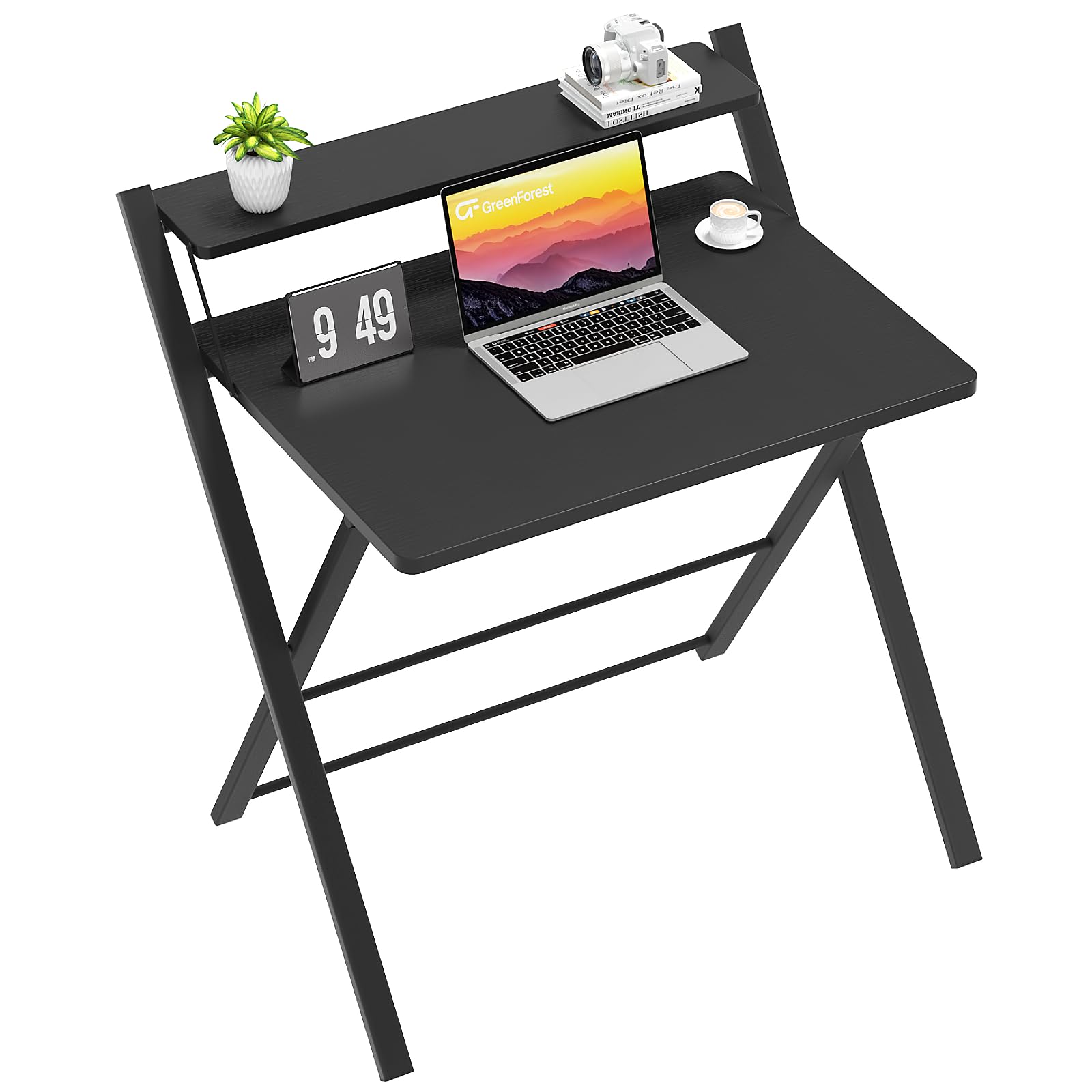 GreenForest Folding Desk with Monitor Shelf,Large Size Computer Desk No-Assembly,Small Desk for Small Space,Black