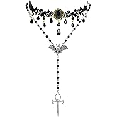 Opalaysria 2pcs Halloween Gothic Necklaces Jewelry Set for Women Black Lace Collar Choker Ankh Cross Bat Necklace Goth Long Rosary Beads with Chunky Cross Pendant Necklace Gothic Vampire Accessory