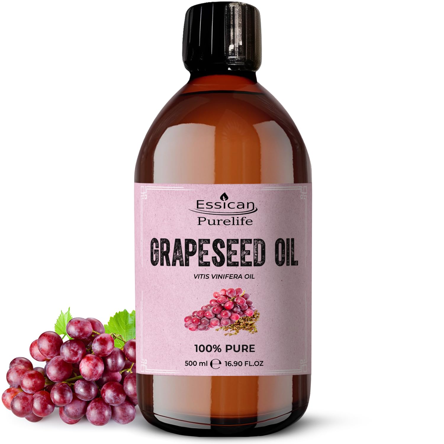 Essican Purelife 500ml Pure Grape Seed Oil for Hair, Skin & Beard, Natural Grapeseed Oil Massage Aromatherapy Body Massage Oils - Multi Use & Nourishing Scalp Moisturiser Oils with Vitamin E