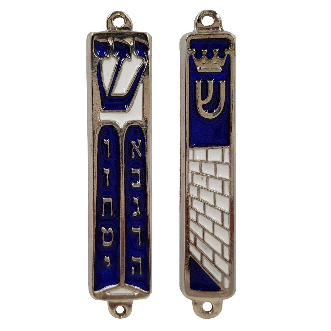 Set of 2 Jerusalem Mezuzah Case with Scroll for Door Ten Commandments Torah Crown Silver Tone Blue Enamel Israel Mezuza 9 cm / 3.5 Inch