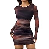 Floerns Women's Tie Dye Long Sleeve Mini Fall Dress Crewneck Ruched Club Going Out Bodycon Dresses