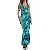 Women's Halter Bodycon Maxi Dress Summer Floral Print Sleeveless Tie Back Party Cocktail Wedding Guest Long Dresses