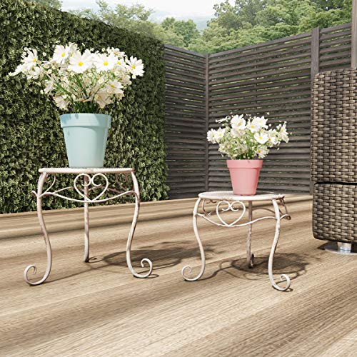 Pure Garden 50-LG1160 Stands – Set of 2 Indoor or Outdoor Nesting Wrought Iron Metal Round Decorative Potted Plant Display Accessories (Antique White)