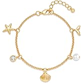 WOWORAMA Starfish Seashell Bracelet for Women Gold Beach Shell Charm Bracelets Adjustable Shell Beads Bracelet Boho Hawaiian Ocean Mermaid Bracelet
