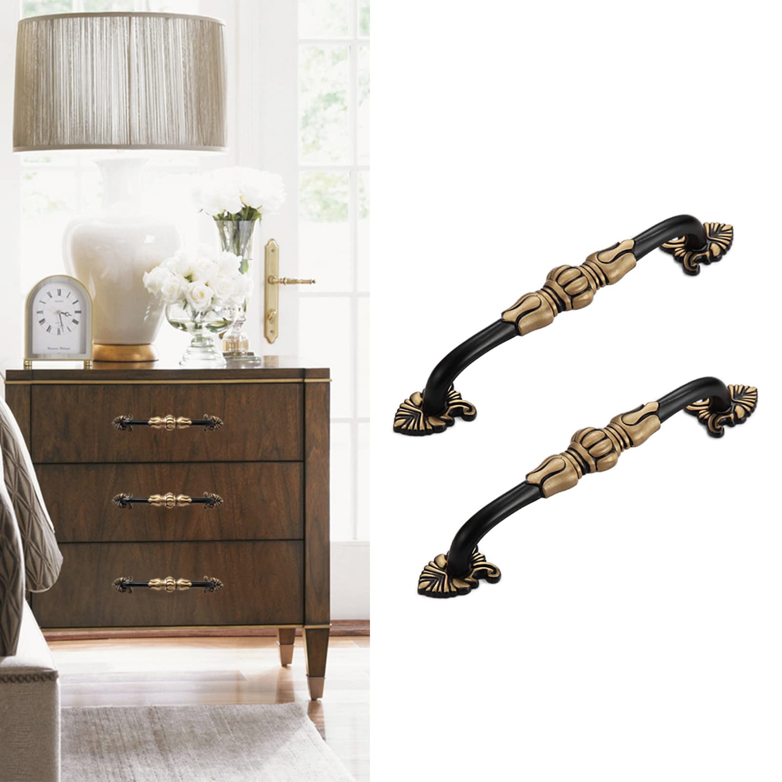 Photo 1 of CcHhyyt 2 Pack 5'' Brass Cabinet Pulls Antique Floral Pattern Cupboard Handle Drawer Pulls Solid Brass Kitchen Hardware Matte Black Gold Handles for Cabinet Drawer Wardrobe (5” Hole Center, Black)
