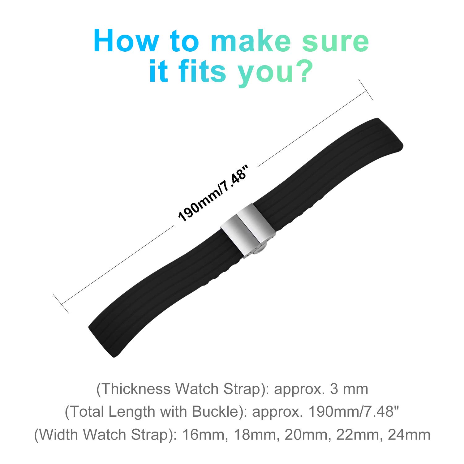 ULLCHRO Silicone Watch Strap Replacement Rubber Watch Band Waterproof Stripe Pattern - 14mm, 16mm, 18mm, 20mm, 22mm, 24mm Watch Bracelet with Stainless Steel Deployment Buckle