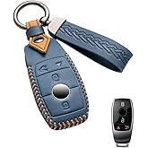 YINEOR for Mercedes Benz Key Fob Cover Leather Car Key Case Keychain Fob Holder Compatible for Mercedes Benz A-Class C-Class E-Class G-Class S-Class 2017-2024 (Blue)