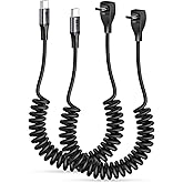 SUNGUY Right Angle Coiled USB C Cable 5FT [Recommended Stretch Length:1.3FT-3.3FT] 2Pack 60W USB-C to USB-C Cable for Android Auto, Carplay, iPhone 17/16/15 Pro Max Plus, Tesla Model Y, Galaxy, Pixel