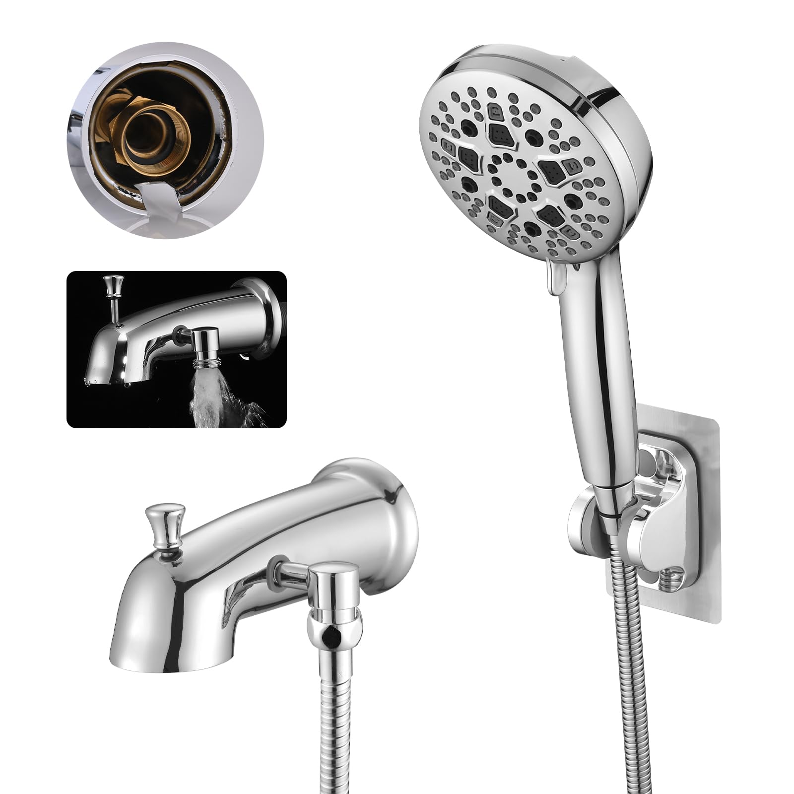 Photo 1 of RAINREVIVE All Metal Tub Spout with Diverter Fits for Threaded 1/2" or 3/4" IPS, Bathtub Faucet with Sprayer High Pressure 9 Settings Hand Held Shower, Chrome