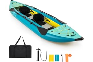GYMAX Inflatable Kayak, 12.5Ft 507lbs Tandem Kayak with 2 Aluminum Paddles, 2 Padded Seats, Footrests, 2 Fins, Hand Pump, Carry Bag & Repair Kit, 2 Person Fishing Touring Kayak for Adults Youth