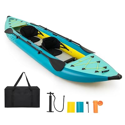 GYMAX Inflatable Kayak, 12.5Ft 507lbs Tandem Kayak with 2 Aluminum Paddles, 2 Padded Seats, 2 Fins, Hand Pump, Carry Bag & Repair Kit, 2 Person Fishing Touring Kayak for Adults Youth (Green)