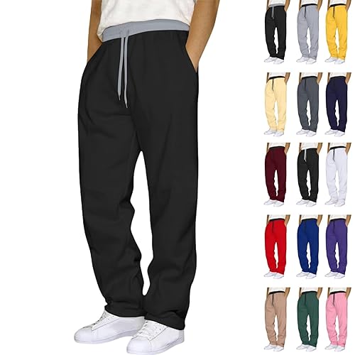 Mens Sweat Pants Bottoms Joggers Straight Leg Sweatpants Open Bottom Lounge with Pockets Jogging Pants Casual Yoga Gym Sports Trousers Men's Activewear Trousers,Black,S