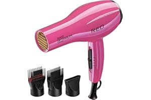 RED by KISS 2000 Ceramic Hair Dryer, Professional Salon Blow Dryer, 2 Detangler Pik Attachments, Tourmaline Technology, 3 Heat Settings, Easy Storage Loop (Pink)