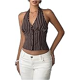 RoseSeek Women's Striped Backless Halter Tops Button Down V Neck Crop Suit Vest Dressy Blazer Tops