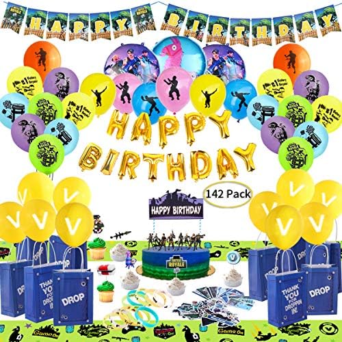 Birthday Party Supplies for Game Lovers, 142 pcs Gaming Theme Party Decorations - include Balloons, Party Favors Bags, Table Cover, Bracelets, Banner, Stickers, Cake Toppers