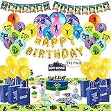 Birthday Party Supplies for Game Lovers, 142 pcs Gaming Theme Party Decorations - include Balloons, Party Favors Bags, Table Cover, Bracelets, Banner, Stickers, Cake Toppers